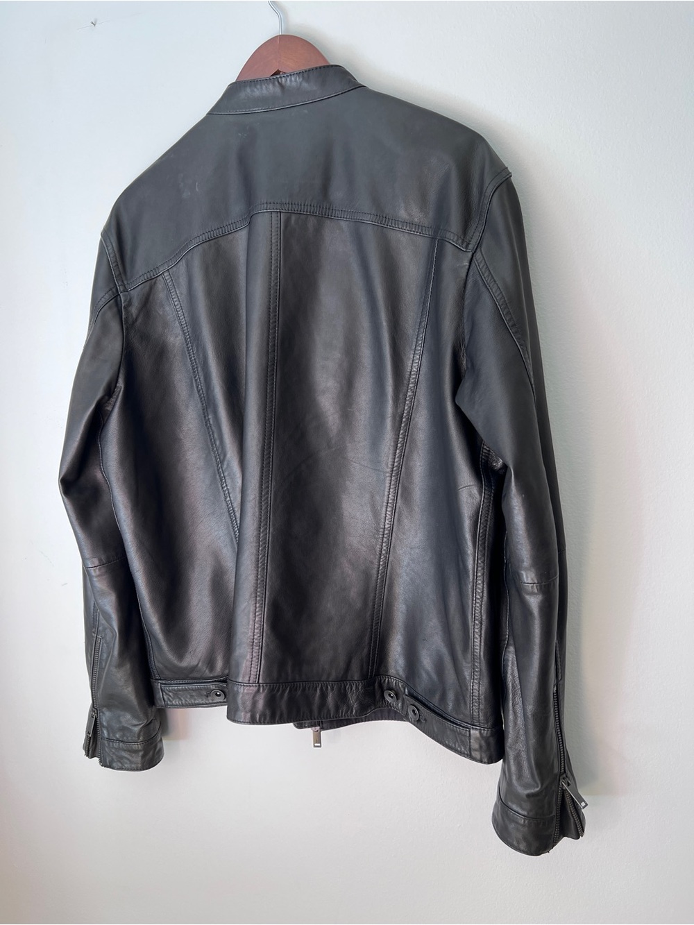 John Varvatos Black Leather Jacket with Red Star Lining - Picture 3 of 7